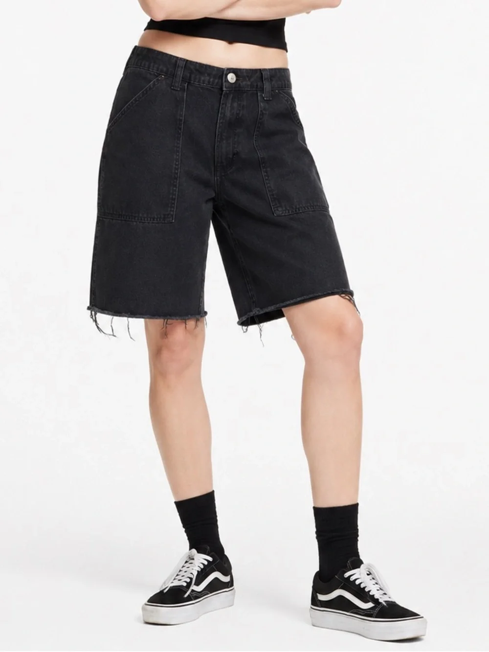 H&M Black Long Denim Jorts Sz 12 Faded Raw Hem Skater Grunge Gothic Y2K